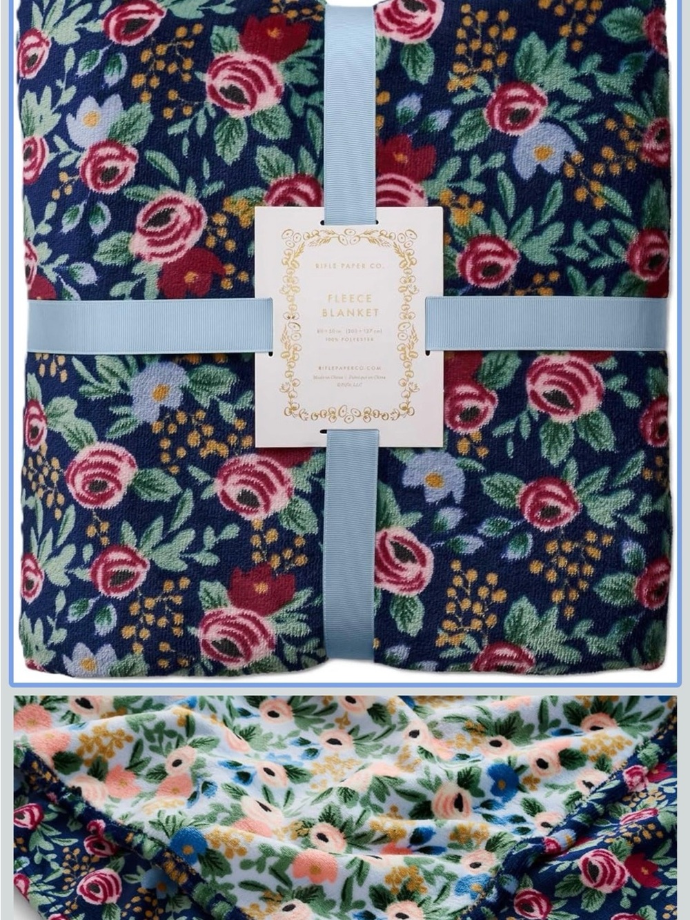 Rifle Paper Co. Rosa 80”x50”Reversible Fleece Blanket. Floral Navy & Pink 100% P